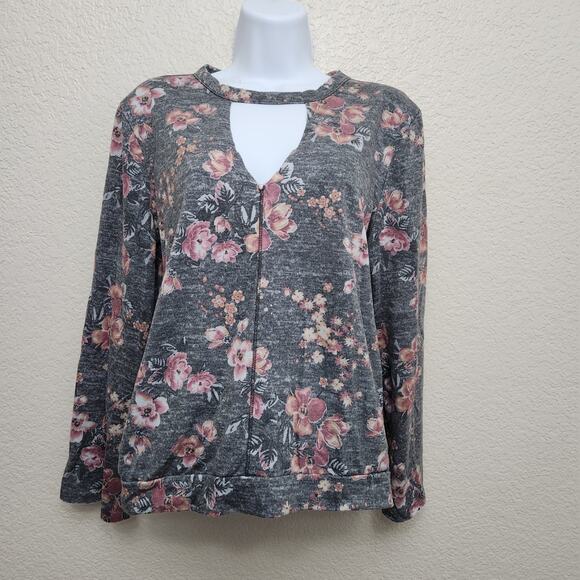 Gypsies & Moondust Gray Pink Floral Print Keyhole Neck Top Large Lightweight - Picture 1 of 5